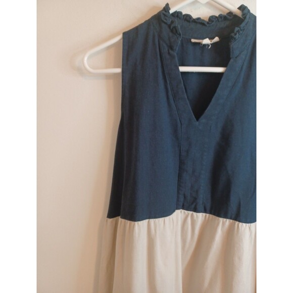 52 Seven Women’s M Linen Blend Color Block  Navy Blue Tan White Tiered Dress - Picture 6 of 9